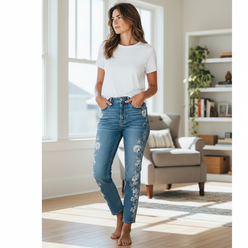 Seven7 Women Ankle Skinny Jeans Blue Floral Embroidered Med Wash Size 8